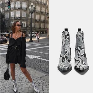 Zara Black Cowboy Ankle Pointed Snakeskin Boots